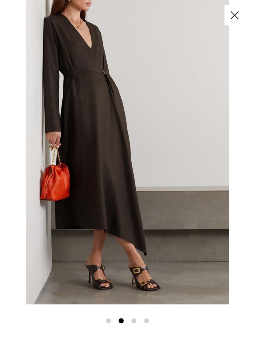 Ninety percent Asymmetrical V-Neck Long Sleeve Dress in Dark Brown